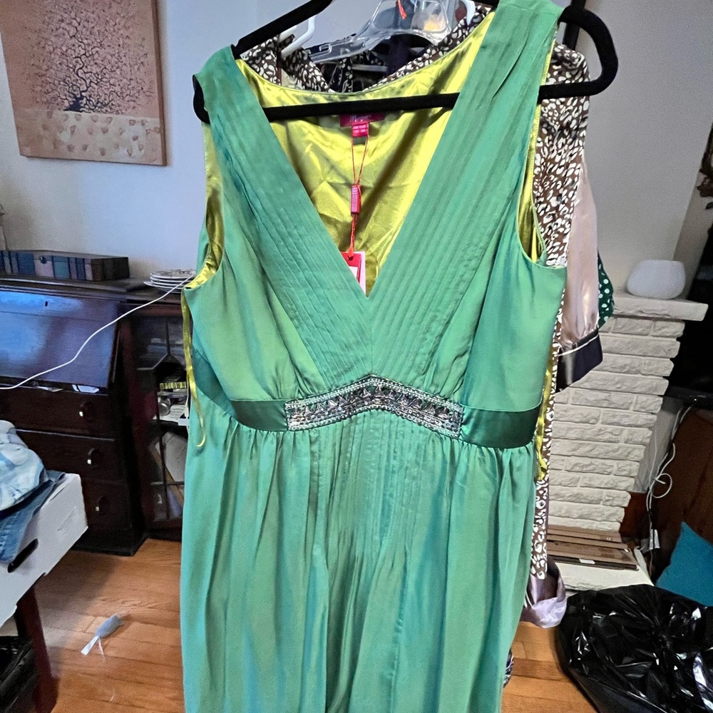 BNWT Monsoon Silk Green Maxi Dress with Embellished Waist